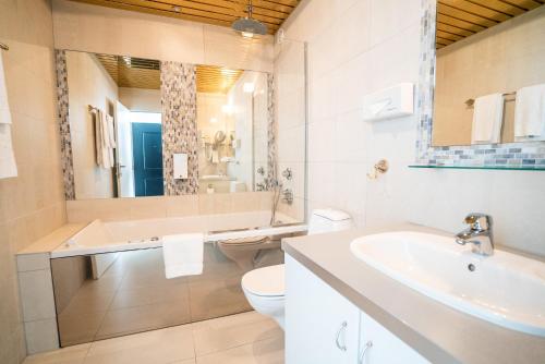 a bathroom with a sink and a toilet and a mirror at Hotel Keflavik by Reykjavik Keflavik Airport in Keflav&iacute;k