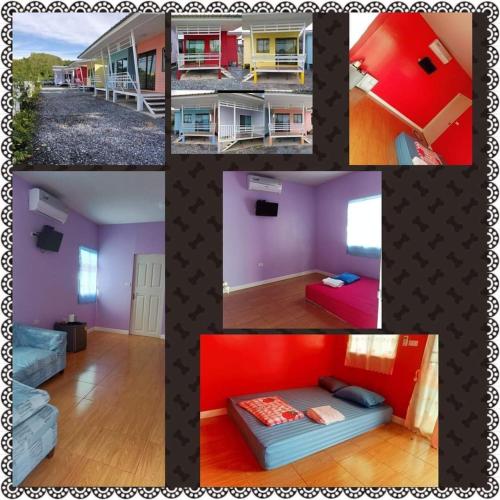 a collage of pictures of a room with red and purple at คอปเตอร์HOUES in Ban Khlot
