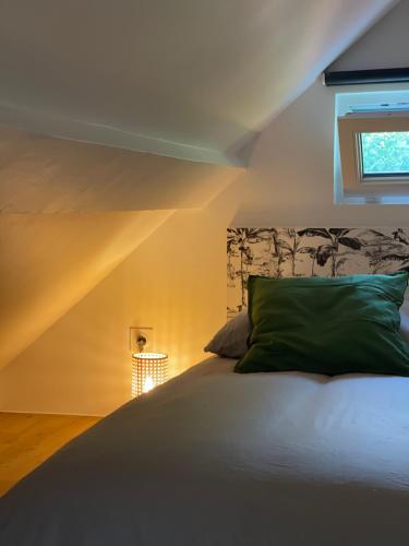 - une chambre avec un lit doté d'un oreiller vert et d'une fenêtre dans l'établissement Spa&House91, à Mennecy