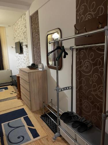 a living room with a treadmill and a mirror at Ski apartman - Mujen classic in Kopaonik
