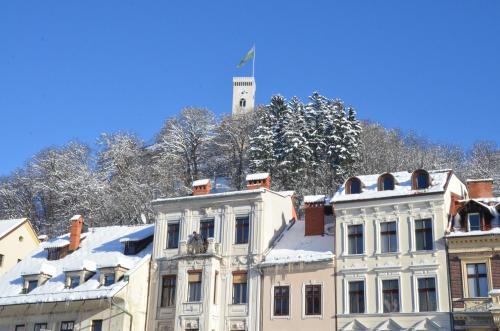 a white building with snow on top of it at i Design Apartment in Ljubljana