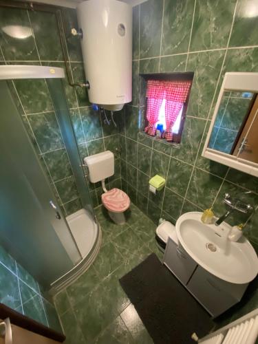 baño con lavabo y aseo y ventana en Kuća za odmor Šegota, en Brinje