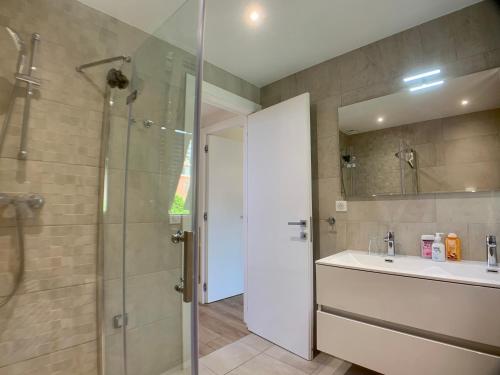 uma casa de banho com um chuveiro, um lavatório e um espelho. em Appartement Monaco Larvotto PLAGE em Roquebrune-Cap-Martin
