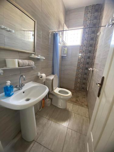 a bathroom with a sink and a toilet and a shower at ltifi villas aghir in Midoun