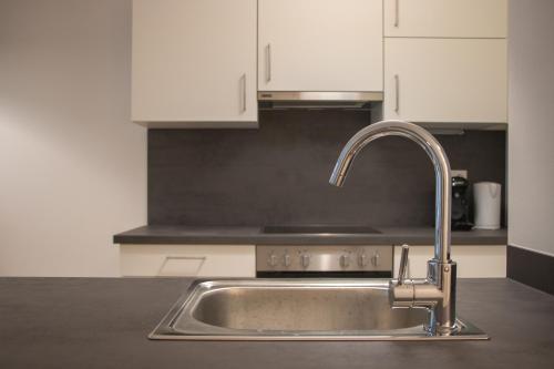 a stainless steel sink in a kitchen with white cabinets at Flat2go modern apartments - Harmony of city and nature in Vienna