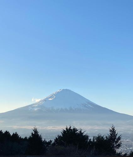 a snow covered mountain with trees in the foreground at HAKONE DOMA in Hakone
