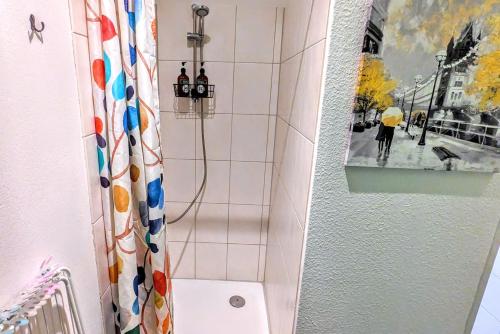 a bathroom with a shower curtain and a toilet at Uhlpartment - im Herzen von Salzwedel in Salzwedel