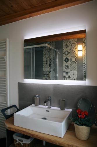 a bathroom with a white sink and a mirror at Aosta Romana case vacanza in Aosta