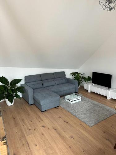 uma sala de estar com um sofá e uma televisão em Ferienwohnung Im Heuspeicher em Meckenheim