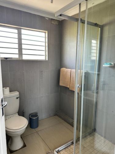 a bathroom with a toilet and a glass shower at Wood Road Apartments in Durban