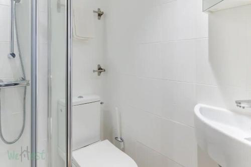 La salle de bains est pourvue d'une douche, de toilettes et d'un lavabo. dans l'établissement Duplex-Université, à Lyon