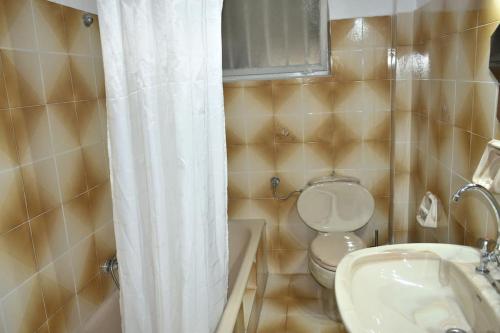 a bathroom with a toilet and a sink and a shower curtain at Specious Flat House in Tríkala