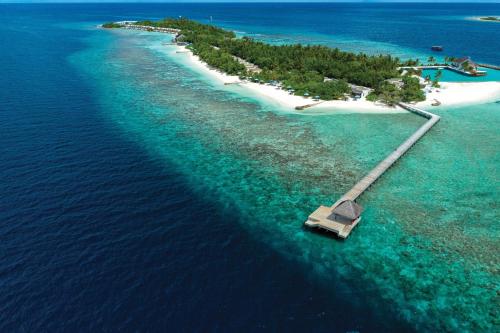 eine Insel im Ozean mit einem Dock im Wasser in der Unterkunft OBLU NATURE Helengeli-All-Inclusive with free Transfers in Nord-Malé-Atoll