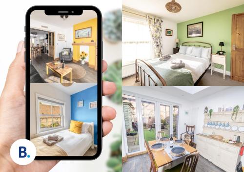 a collage of four pictures of a house at 2-Bedroom Stylish, Cosy & Bright Cottage, Pet Friendly, Sleeps 5, Titchfield Village - by Blue Puffin Stays in Titchfield