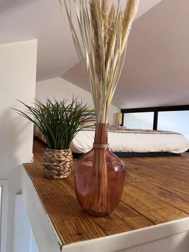 un jarrón marrón sobre una mesa de madera con dos plantas en Studio Duplex Montmorillon, en Montmorillon