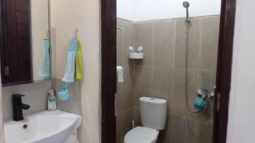 a bathroom with a toilet and a sink and a shower at Neny's Homestay in Saba