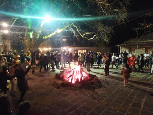 una multitud de personas de pie alrededor de un pozo de fuego por la noche en Xenonas Zagorisio, en Tsepelovo