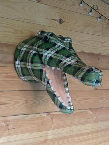 a green and white wrapped snake on a wooden floor at loch lomond apartments in Alexandria