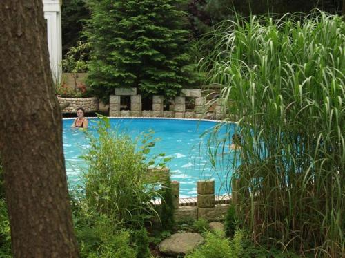 una mujer en una piscina en un jardín en Ferienpark Leitzingen, en Soltau