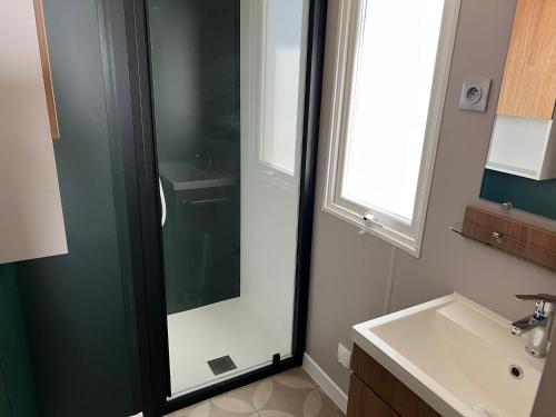 a bathroom with a glass shower and a sink at JP - L'Eleganzia 2 ch, clim réversible, Confort et Elégance, in Lattes