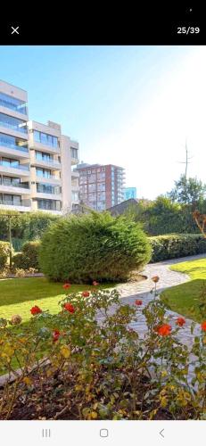 a garden with red flowers and buildings in the background at Full departamento, Metro Manquehue, Las Condes in Santiago