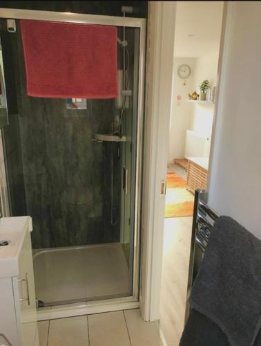 a glass shower in a bathroom with a red towel at Elkstone Studio Private Hottub Pet Friendly in Malvern Link