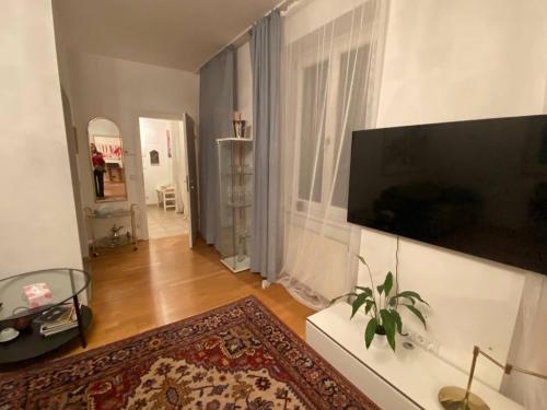 een woonkamer met een flatscreen-tv aan de muur bij Good Old Times Apt II in Wenen