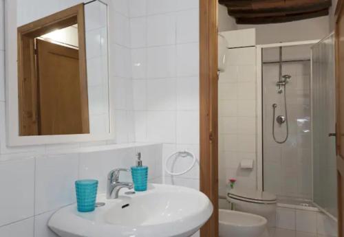 La salle de bains est pourvue d'un lavabo, d'un miroir et de toilettes. dans l'établissement La Favilletta Casa Vacanze, à Torri