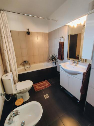 a bathroom with a sink and a toilet and a tub at Barbati Sunrise Suite in Barbati