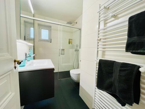 a white bathroom with a sink and a toilet at A La Côte in Neuchâtel