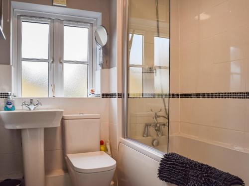 a bathroom with a toilet and a sink and a shower at Jasmine Cottage in Chipping Campden