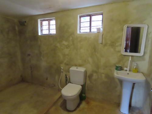 a bathroom with a toilet and a sink and two windows at Drifters Zanzibar in Paje