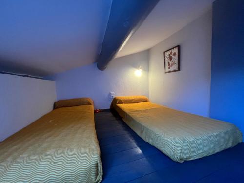 Duas camas num quarto com paredes azuis em Le Zenith em LʼIsle-sur-la-Sorgue