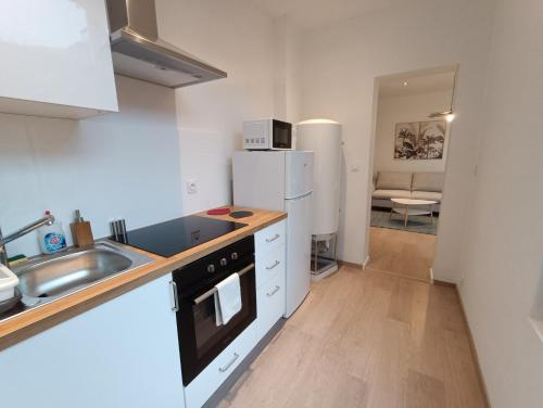 une cuisine avec un évier et un réfrigérateur blanc dans l'établissement Blue Horizon - Appartement 4 pers, à Dunkerque