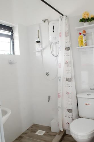 a bathroom with a toilet and a shower curtain at Studio Apartment near the Airport in Nairobi