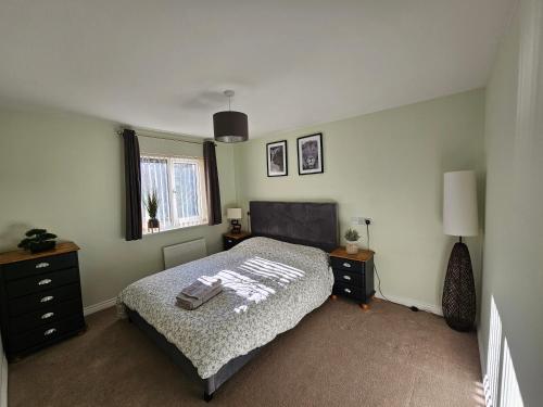 een slaapkamer met een bed, 2 drempels en een raam bij Holly Crescent, Sacriston DH7 in Sacriston