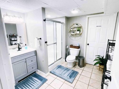 un bagno con un water, un lavandino e uno specchio di La Casita a Freeport