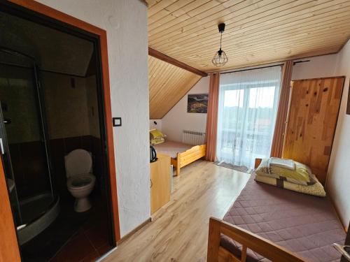 Pokój z łazienką z toaletą i sypialnią w obiekcie Pokoje u Joli Polańczyk w Polańczyku