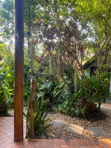 a garden with a wooden pole and some plants at Pousada Albatroz in Abraão