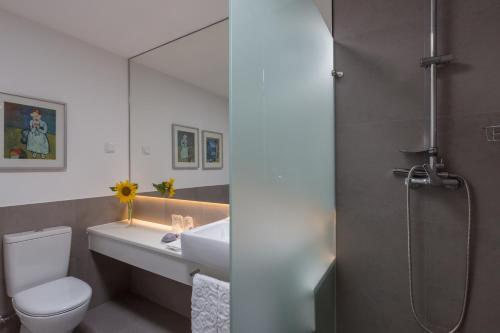 a bathroom with a toilet and a sink and a shower at Monte das Texugueiras in Texugueira