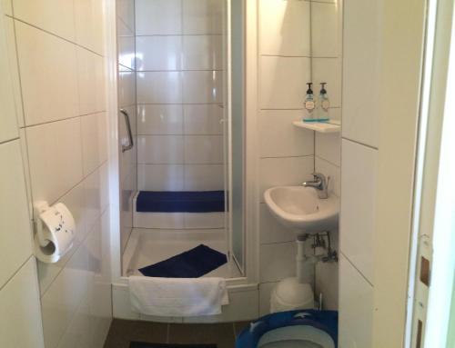 a small bathroom with a shower and a sink at Apartments Villa Stella Maris in Rogoznica