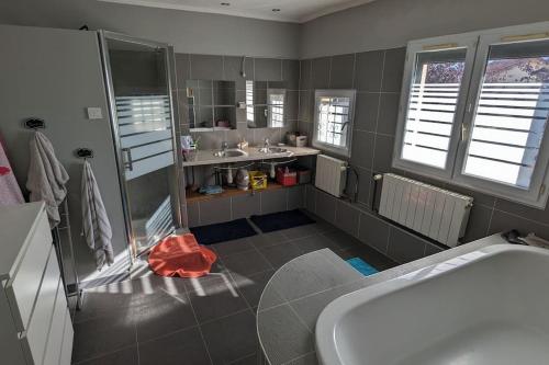 une salle de bain avec une douche, des toilettes et un lavabo dans l'établissement Maison de 5 chambres de 195 m carrés près d'Orly., à Savigny-sur-Orge
