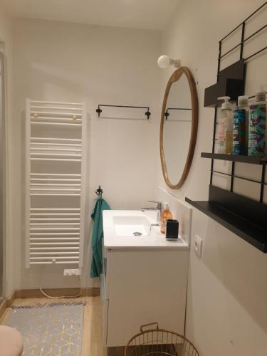 une salle de bain blanche avec un lavabo et un miroir dans l'établissement Flut'Alors - Maison charmante au centre-ville de Reims, à Reims