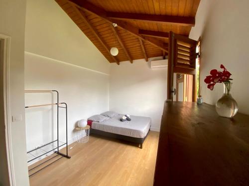 1 dormitorio con 1 cama y un jarrón de flores en Cocooning Paradise en Saint-François