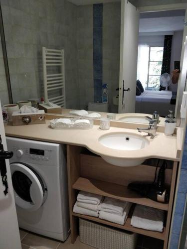 une salle de bain avec un lavabo et une machine à laver dans l'établissement St Raphaël 37m2, piscine, wifi, commerces mer 5mn à pieds, à Saint-Raphaël
