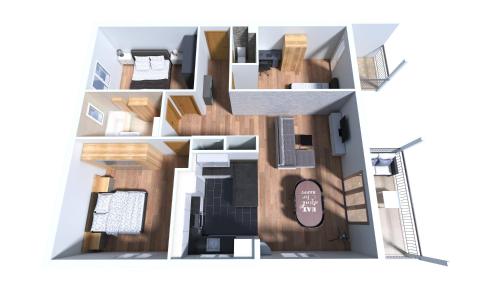 un plano del suelo de una casa en Appartement rénové 3chambres,Gruyère,3Parking,BBQ, en Neirivue