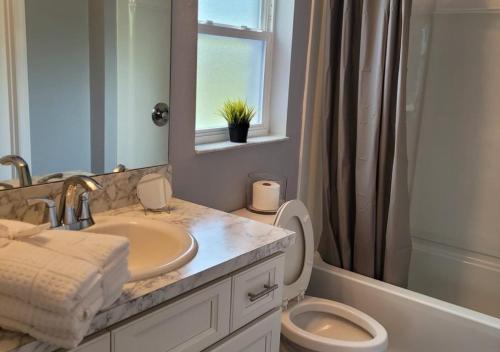La salle de bains est pourvue d'un lavabo, de toilettes et d'un miroir. dans l'établissement The Parkhurst Nest, à Lakeland