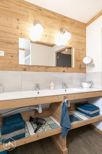 une salle de bain avec un lavabo et un miroir dans l'établissement Côté-Bourget 6 pers LA POINTE DE LONGECOTE, proche La Norma et Aussois, à Villarodin-Bourget