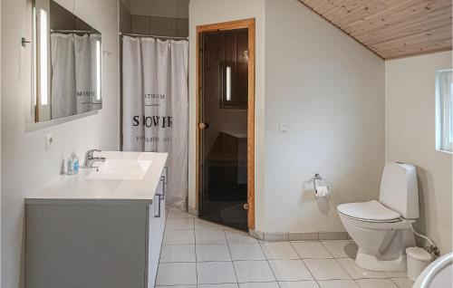 a bathroom with a toilet and a sink and a shower at Nice Home In Kpingsvik With Sauna in Grönskog