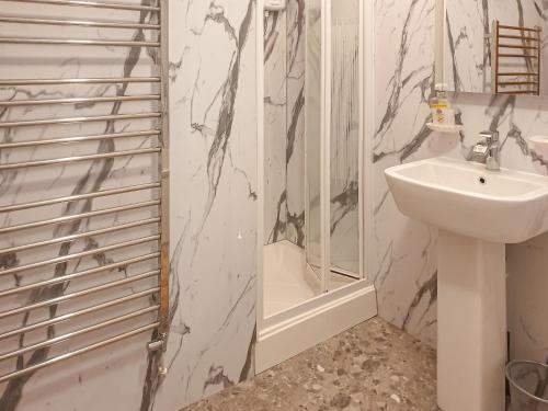 a bathroom with a sink and a shower at Ty Twt in Llandissilio